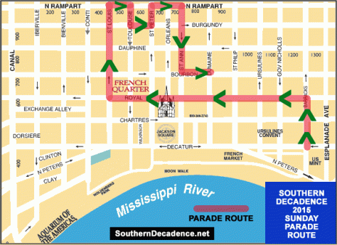 The parade formation time is 1:00 P.M. The parade starting time is 2:00 P.M. The parade starts near Decatur and Barracks Streets.